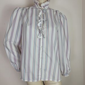 Vintage 80's White Blue Pink Striped Button Down Blouse With Ruffles Pastel